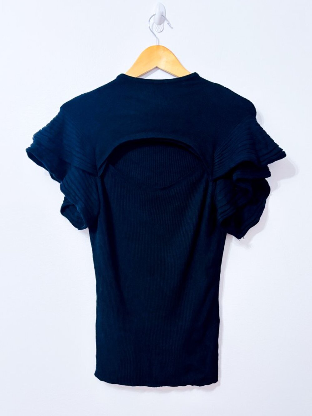 VENUS Black Ribbed High Neck Cut Out Ruffle Sleeve Knit Top Small